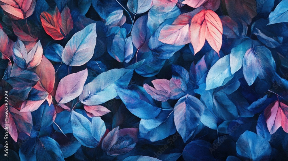 Vibrant, colorful leaves in shades of blue and pink (4) Vibrant, colorful leaves in shades of blue and pink (4)
