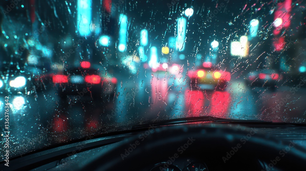 Obraz premium Rainy night city drive, blurred lights, traffic