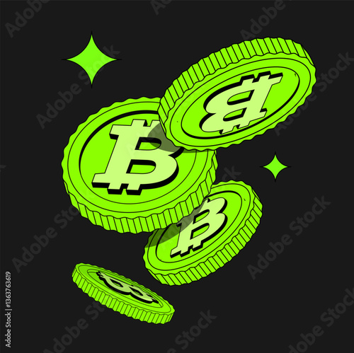 Bright green 2D Bitcoin in flat cartoon style. Isolated illustration of currency. Flying coins or Money. Flat, Cryptocurrency. Fintech Blockchain. Currencies Isolated. Illustration in Retro y2k style.