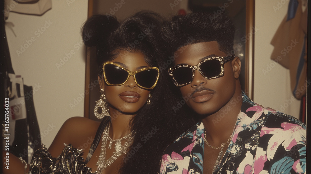 Obraz premium 1985 Polaroid of Flamboyant Male Hairdresser Styling Woman’s Hair on Movie Set