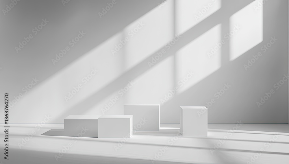 Fototapeta premium Minimalist white room with sunlit cubes