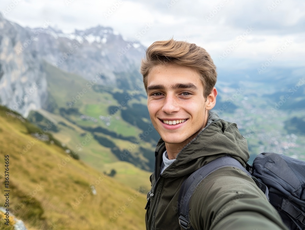On the summit, a young hiker man captures a vertical selfie, with a breathtaking view visible in the distance, and he beams at the camera On the summit, a young hiker man captures a vertical selfie, with a breathtaking view visible in the distance, and he beams at the camera