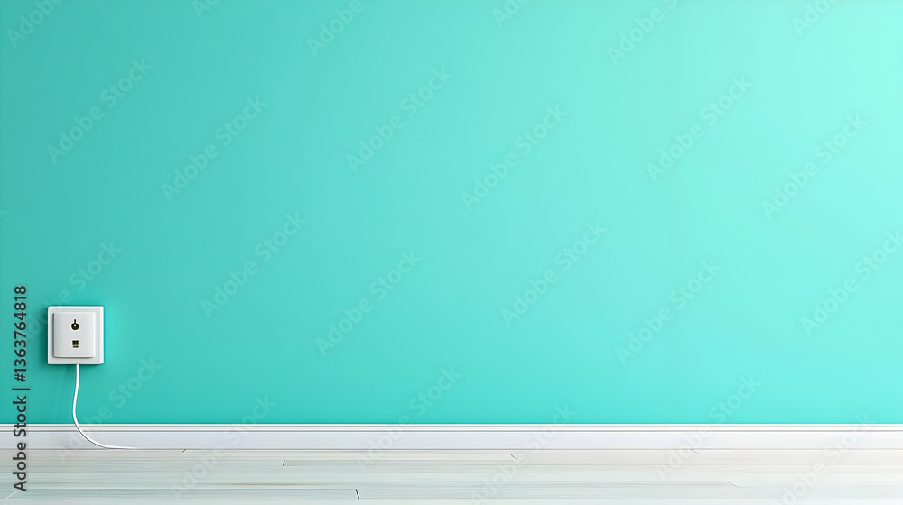 Minimalist Turquoise Wall With White Outlet and Power Cord in Modern Empty Room with Wooden Floor Minimalist Turquoise Wall With White Outlet and Power Cord in Modern Empty Room with Wooden Floor