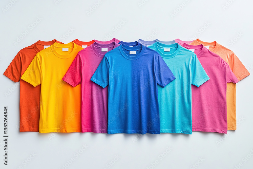 Gradient display of colorful t-shirts on white background Gradient display of colorful t-shirts on white background