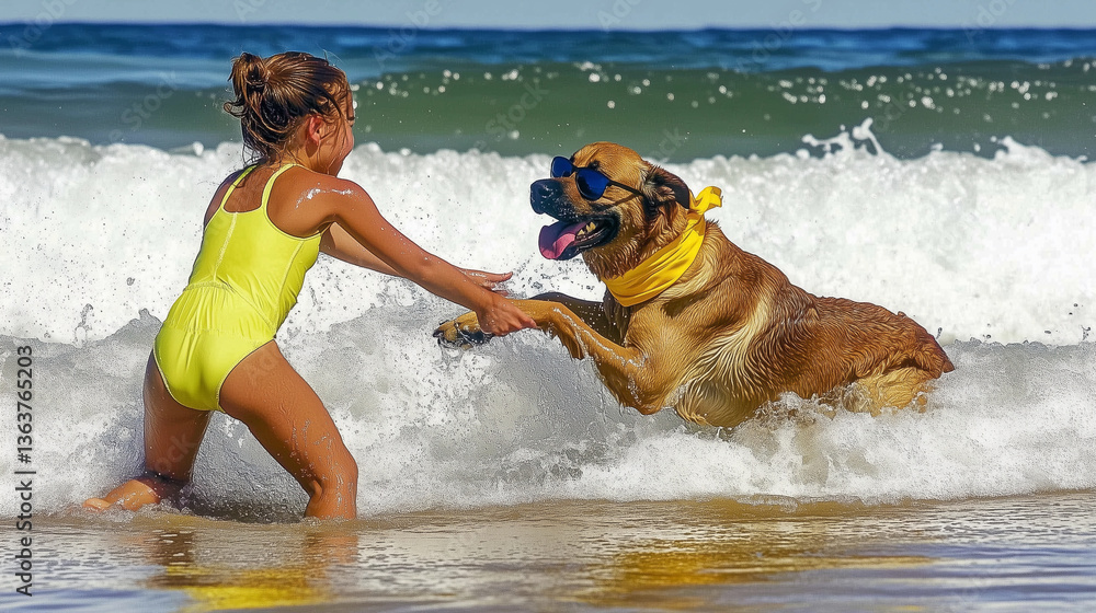 Girl in a yellow swimsuit playing in the ocean at the beach with her dog wearing funny sunglasses during their summer vacation, filled with fun and companionship