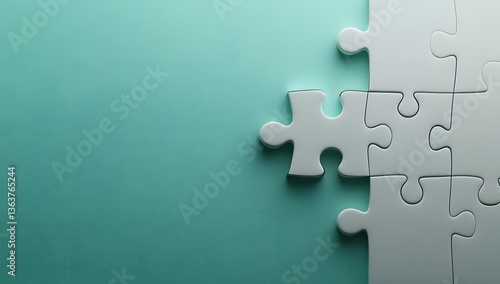 Puzzle pieces connecting on a serene turquoise background creating a sense of completion and harmony in the moment of assembly