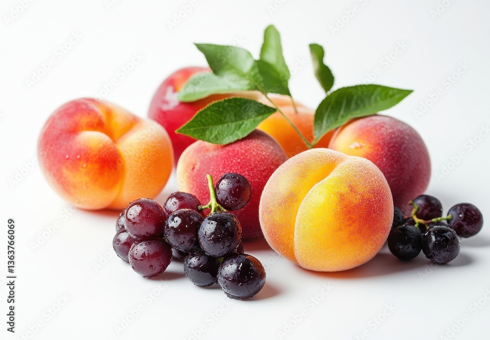 Fresh and Juicy Peaches and Grapes Arranged Aesthetically on a White Background with Green Leaves for Healthy Eating and Nutrition Concepts Fresh and Juicy Peaches and Grapes Arranged Aesthetically on a White Background with Green Leaves for Healthy Eating and Nutrition Concepts