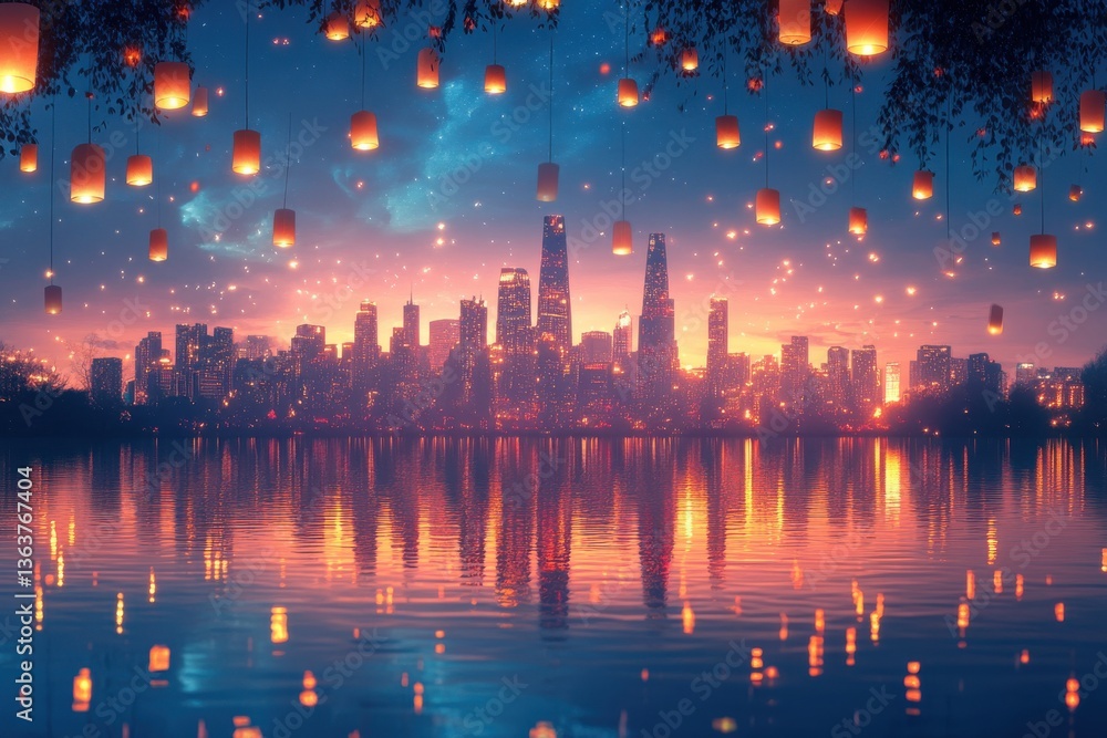 Fototapeta premium Enchanting Skyline with Lanterns Illuminating a Tranquil Lake Reflection