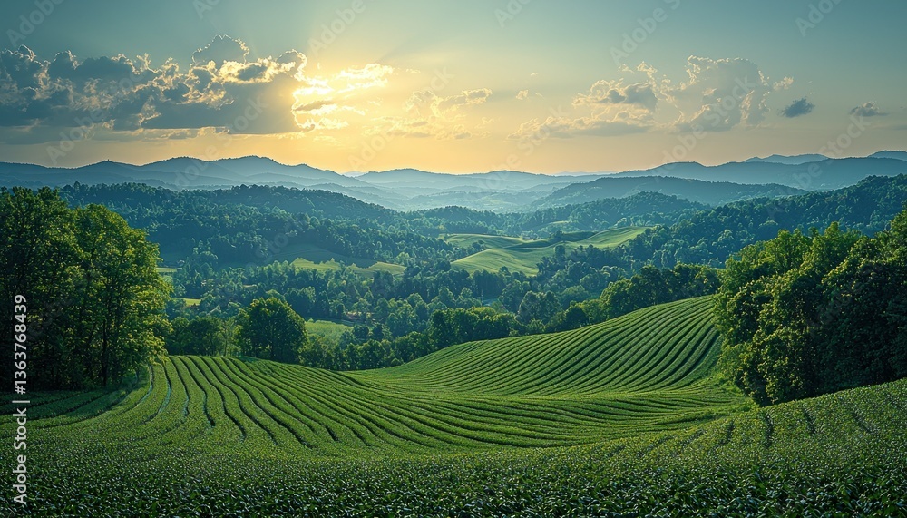 Fototapeta premium Serene Sunset Over Rolling Green Hills