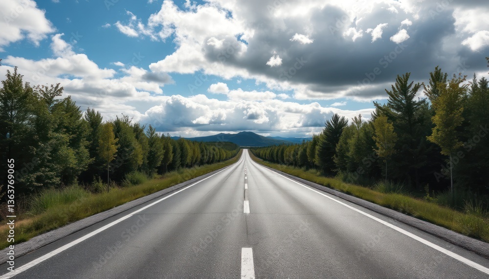 Fototapeta premium Empty asphalt highway stretches into a distant mountain range, framed by trees under a partly cloudy sky