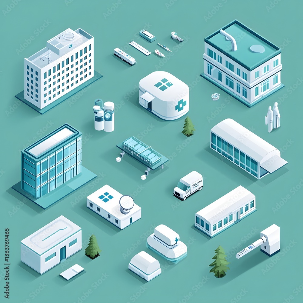 Fototapeta premium Isometric architectural buildings roads and vehicles in a modern city landscape