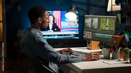 Video maker editing montage clips on coloring software at home, working on color correction and motion graphics to edit footage. Content creator editing clips on toolbar panels. Camera B.