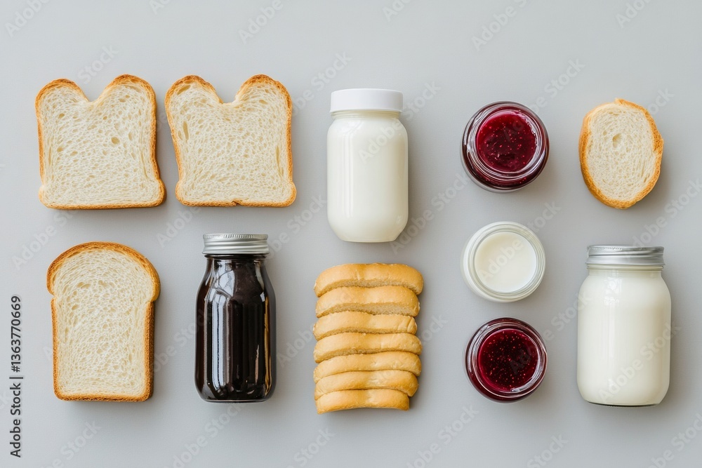 Artistic arrangement of bread and jars with milk and jam Artistic arrangement of bread and jars with milk and jam