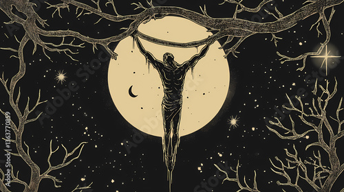 The hanged man tarot card. Eclipsed Transformation. Illustration