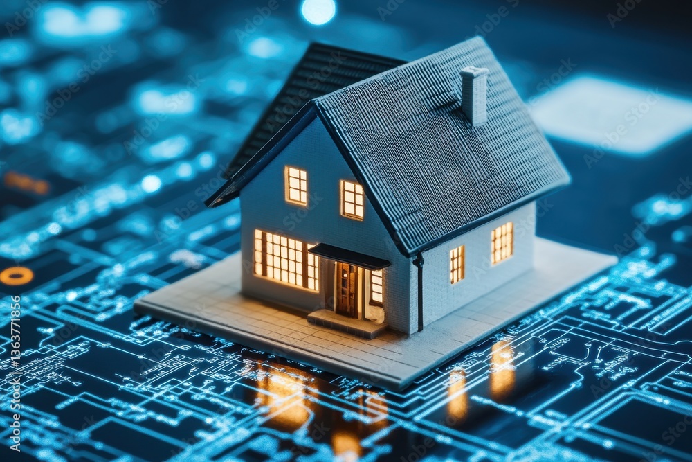 Modern Home Model on Digital Circuit Background for Technology Concept