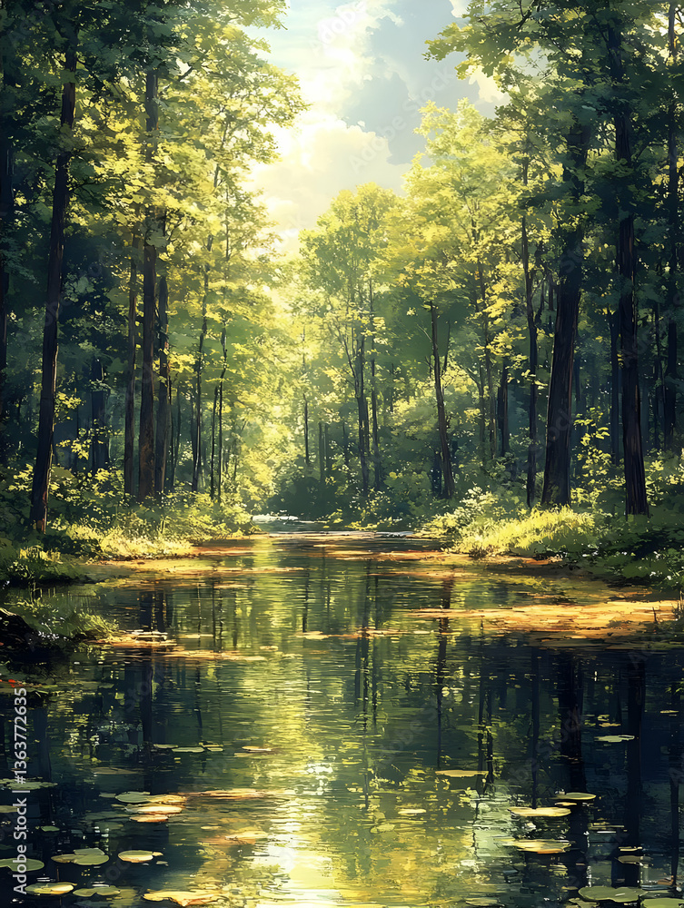 Obraz premium Serene forest landscape with a calm river reflecting sunlight amidst lush greenery