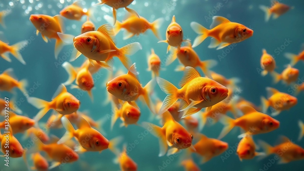 Large group of goldfish swimming together in formation underwater Large group of goldfish swimming together in formation underwater