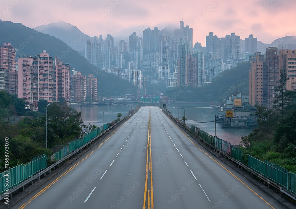Naklejka premium Empty Highway Hong Kong Skyline Sunrise