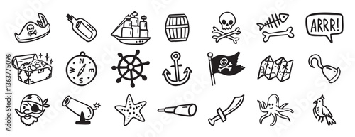 pirate adventure and sea elements. ship, coins, bottle, anchor doodle hand drawn icon set. Outline drawing pirate sea adventure line clipart symbol collection