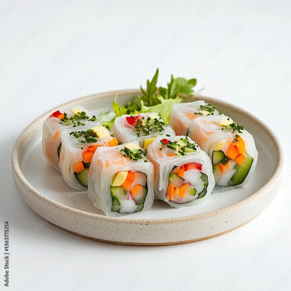 Fresh, colorful vegetable rolls on plate Fresh, colorful vegetable rolls on plate