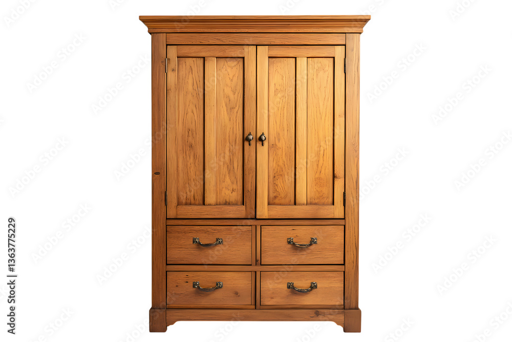 Rustic Wooden Wardrobe Isolated on Transparent Background. Classic Solid Wood with Double Doors and Storage Drawers for Bedroom or Living Room Rustic Wooden Wardrobe Isolated on Transparent Background. Classic Solid Wood with Double Doors and Storage Drawers for Bedroom or Living Room