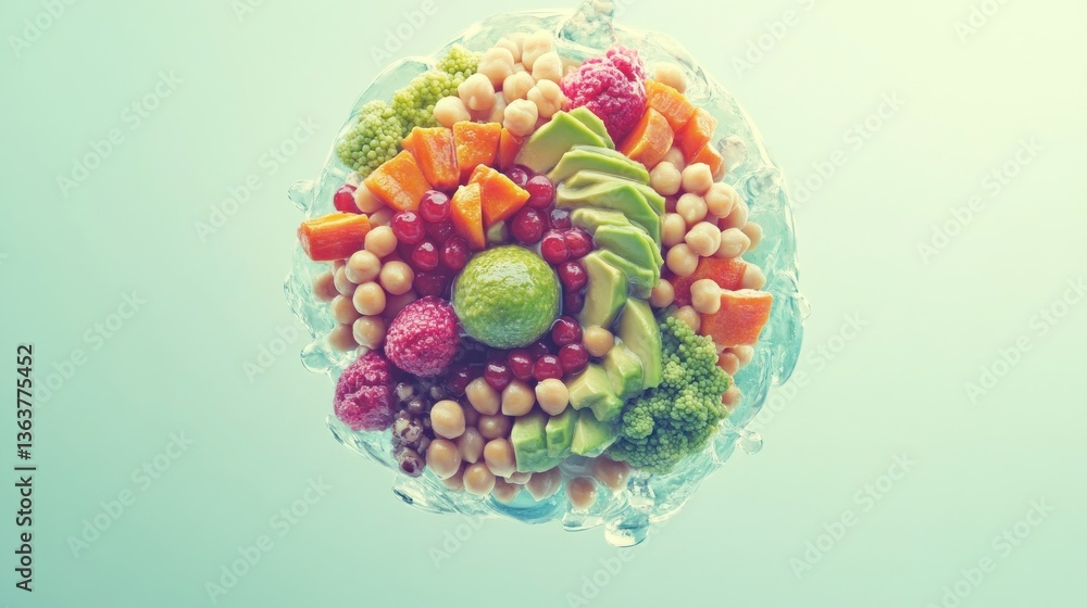 Naklejka premium Creative vibrant buddha bowl bursting with fresh superfoods against serene backdrop