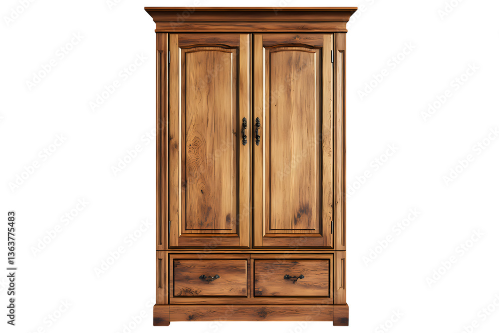 Rustic Wooden Wardrobe Isolated on Transparent Background. Classic Solid Wood with Double Doors and Storage Drawers for Bedroom or Living Room Rustic Wooden Wardrobe Isolated on Transparent Background. Classic Solid Wood with Double Doors and Storage Drawers for Bedroom or Living Room