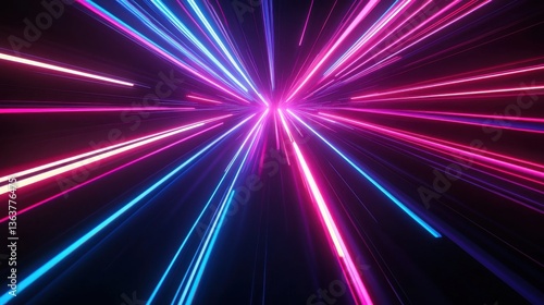 Neon futuristic flashes on black background. Motion light lines backdrop.