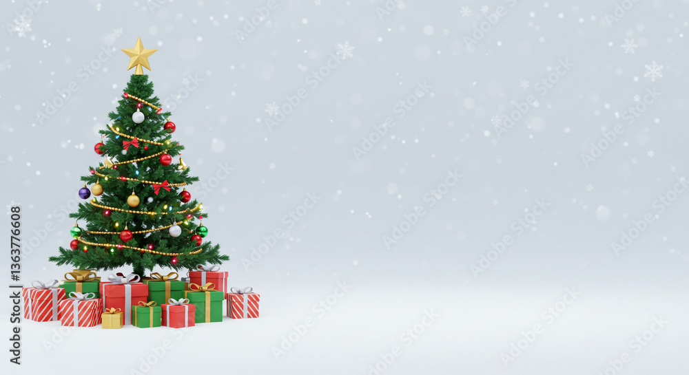 A beautifully decorated Christmas tree surrounded by presents under a gentle snowfall, creating a festive winter wonderland scene. A beautifully decorated Christmas tree surrounded by presents under a gentle snowfall, creating a festive winter wonderland scene.