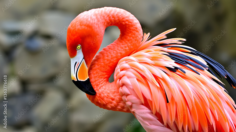 Fototapeta premium With a gentle peck on its body, the flamingo tended to its vibrant plumage, keeping every feather in perfect order, Audubon Zoo, New Orleans, Louisiana