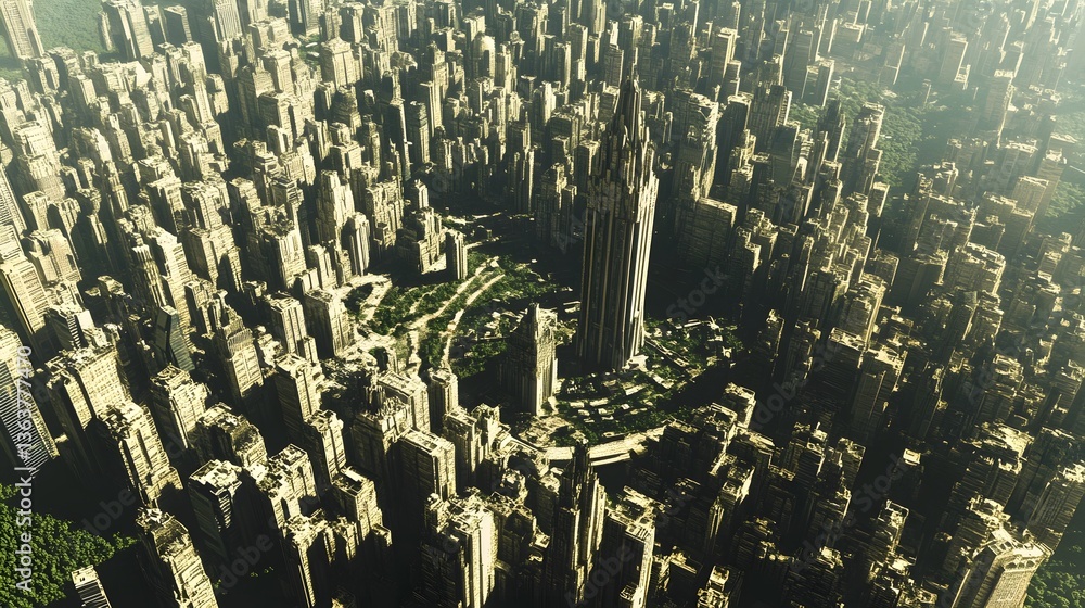 Fototapeta premium Aerial View of a Vibrant and Bustling Megacity Skyline with Towering Skyscrapers and Densely Packed Urban Infrastructure