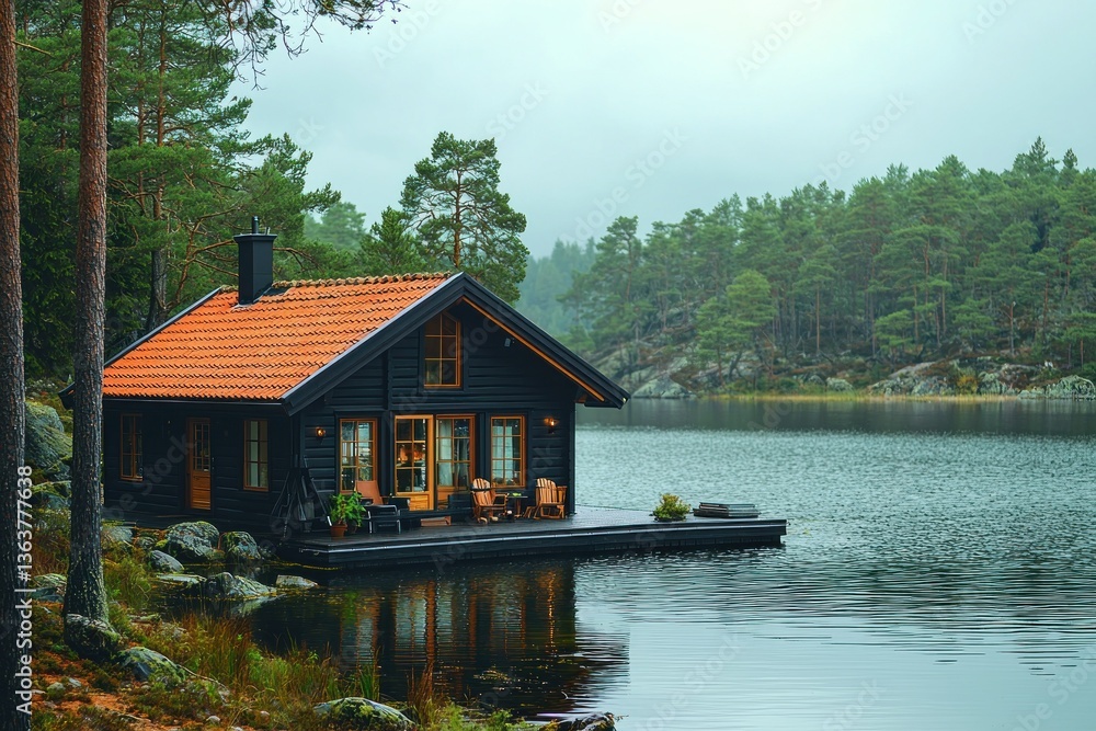 Fototapeta premium Secluded Lakeside Cabin Getaway: Tranquility Embodied