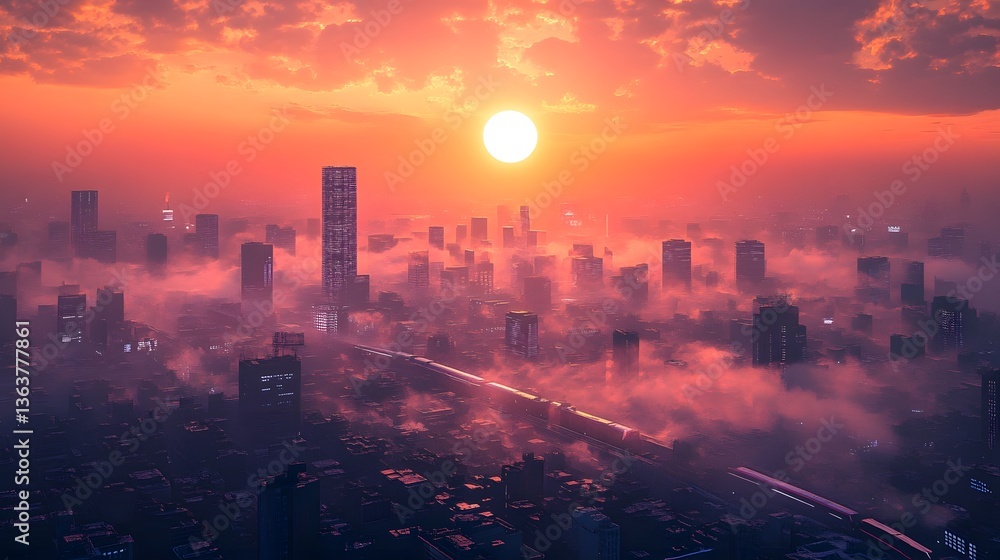 Fototapeta premium Dramatic Sunset Cityscape with Misty Skyscrapers and Bridges in a Bustling Metropolis