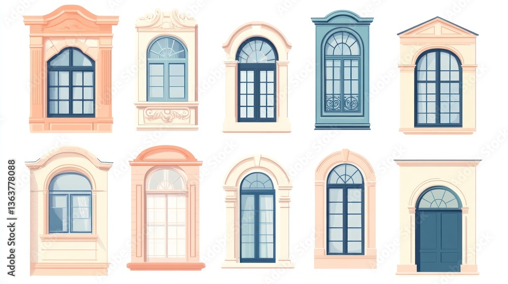 Row of Windows with Different Designs for architectural reference, isolated Row of Windows with Different Designs for architectural reference, isolated