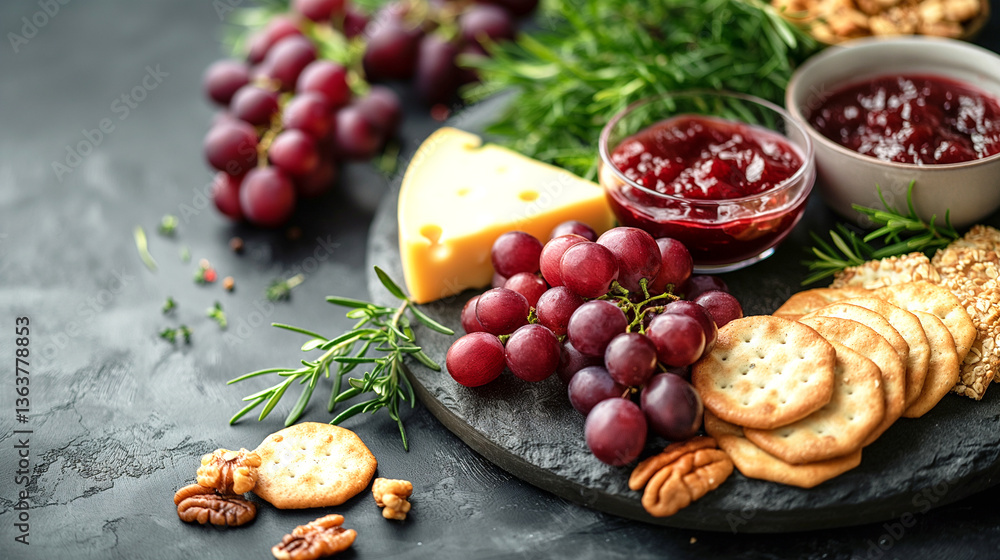 A vibrant display of grapes, cheese, crackers, and jam on a slate platter, perfect for a gathering or picnic. A vibrant display of grapes, cheese, crackers, and jam on a slate platter, perfect for a gathering or picnic.