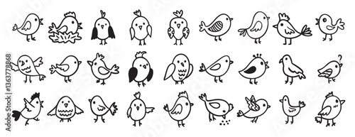 cute birds forest animal characters doodle hand drawn icon set. Outline drawing birds line clipart symbol collection