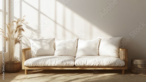 Sun-drenched, minimalist living room with comfortable, light-colored furniture and natural elements