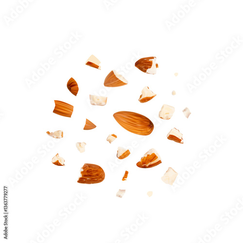Crushed almonds isolated, nut pieces, sliced scattered almond seeds and cut kernels on white