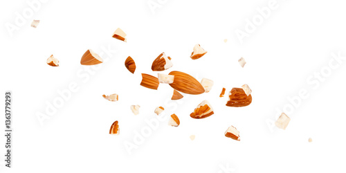 Crushed almonds isolated, nut pieces, sliced scattered almond seeds and cut kernels on white