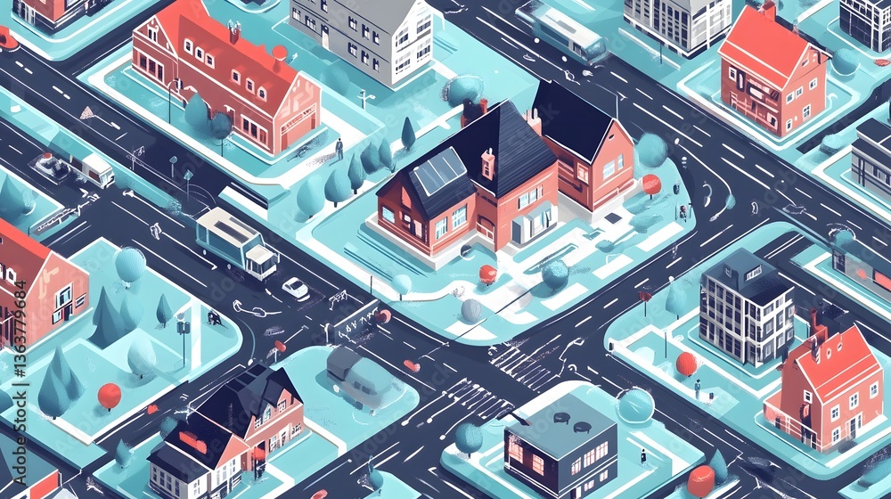 Icy Isometric Cityscape with Snowy Roads and Colorful Buildings Icy Isometric Cityscape with Snowy Roads and Colorful Buildings