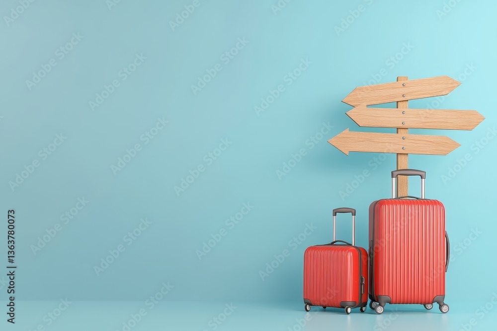 custom made wallpaper toronto digitalIn a pastel blue environment, a blue suitcase and hat are paired with a camera and signpost, captured in a 3D rendering to convey a travel concept