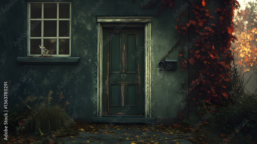 Fototapeta premium A deserted house from the 1940s. It’s dark green with a terracotta, in Glenmont. the front door is wide-open, swaying ominously in the autumn wind