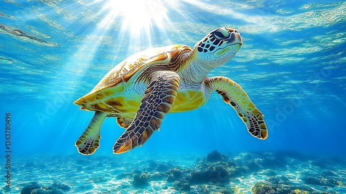 Sea Turtle Swimming Underwater in Clear Ocean, A sea turtle swimming underwater in clear blue ocean waters, surrounded by rocks and coral