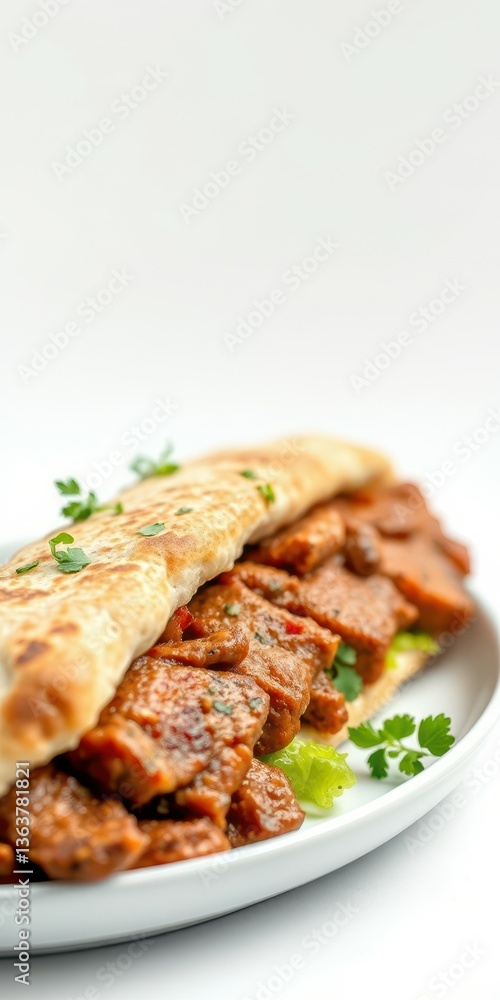 Tasty flatbread wrap filled with spiced meat and garnished with fresh herbs served on a white plate Tasty flatbread wrap filled with spiced meat and garnished with fresh herbs served on a white plate