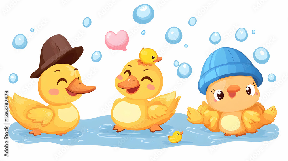 Three adorable cartoon ducks enjoying a bath, bubbles, and hearts Three adorable cartoon ducks enjoying a bath, bubbles, and hearts