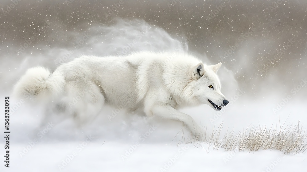 Obraz premium Arctic wolf running in blizzard.
