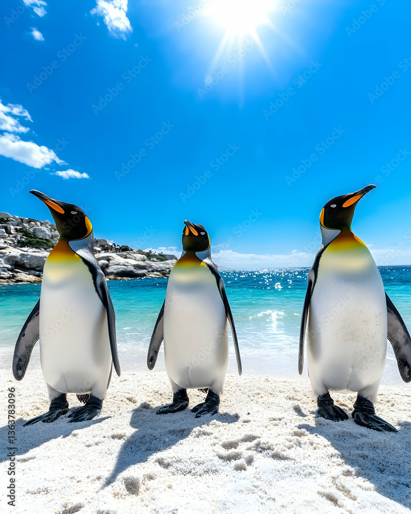 Obraz premium Three king penguins stand on a sunny beach