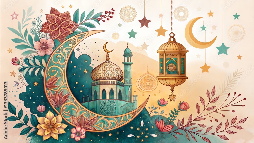 Fototapeta premium Eid mubarak background illustration, eid greeting card.