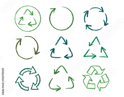 Recycle arrow hand drawn pencil line icon set. Crayon green recycle arrow chalk Icon Vector drawing