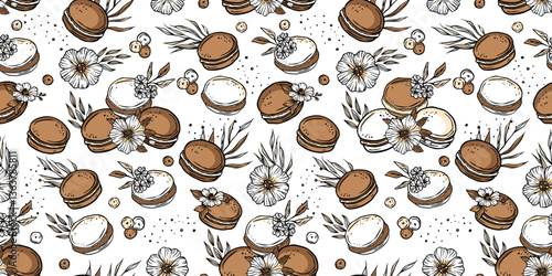 Bakery Pattern Sketch Seamless French Macaron Vintage Background Doodle Patisserie Vector